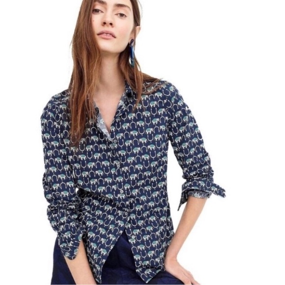 J.Crew Elephant Print Perfect Shirt Cotton Button Up Women's Size M - Picture 1 of 8